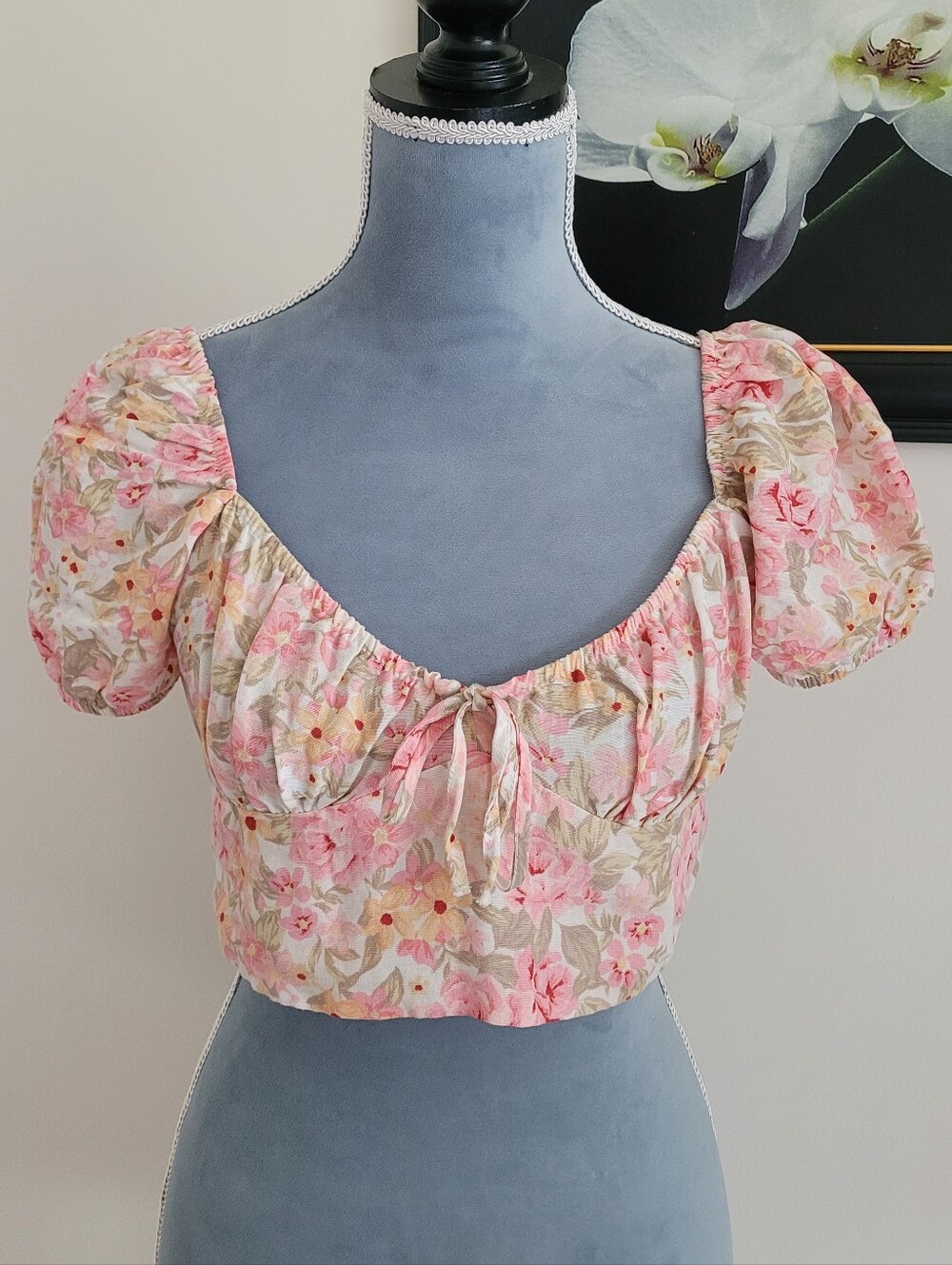 Stradivarius Pink and Cream Floral Puff-Sleeve Crop Top